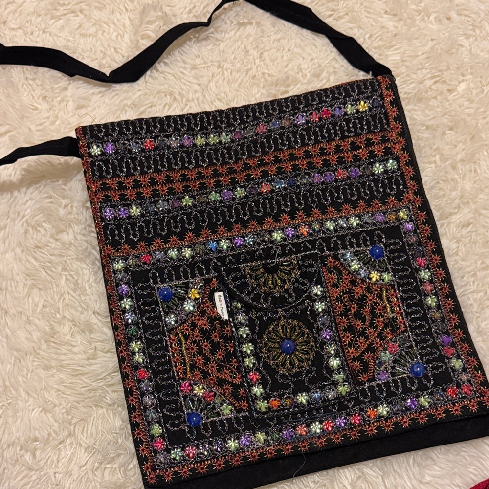 Embroidered Black Shoulder Bag with Colorful Accents